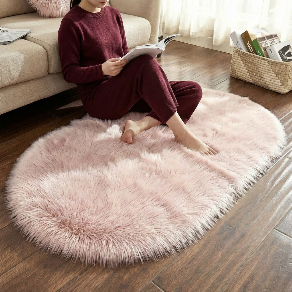 Plush Oval Faux Sheepskin Rug – Super Soft Cozy Accent | Bedroom Living Room Carpet | Trufairs