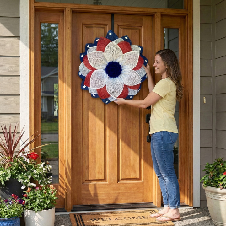 Patriotic & Harvest Lighted Wreath – American Flag, Pumpkins & LED Decoration | Year-Round Front Door Accent | Trufairs
