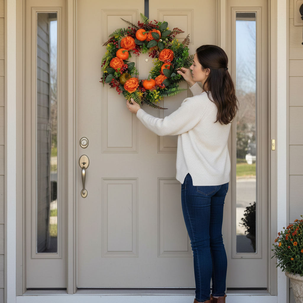 17.71" Autumn Wreath with Pumpkin, Leaves, Berries & Flowers – Fall Door & Wall Decoration | Trufairs