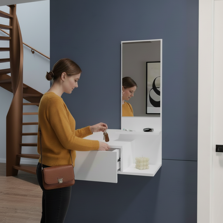 Floating Hallway Cabinet 36.2" H, 1 Drawer, 3 Shelves, 1 Mirror, White