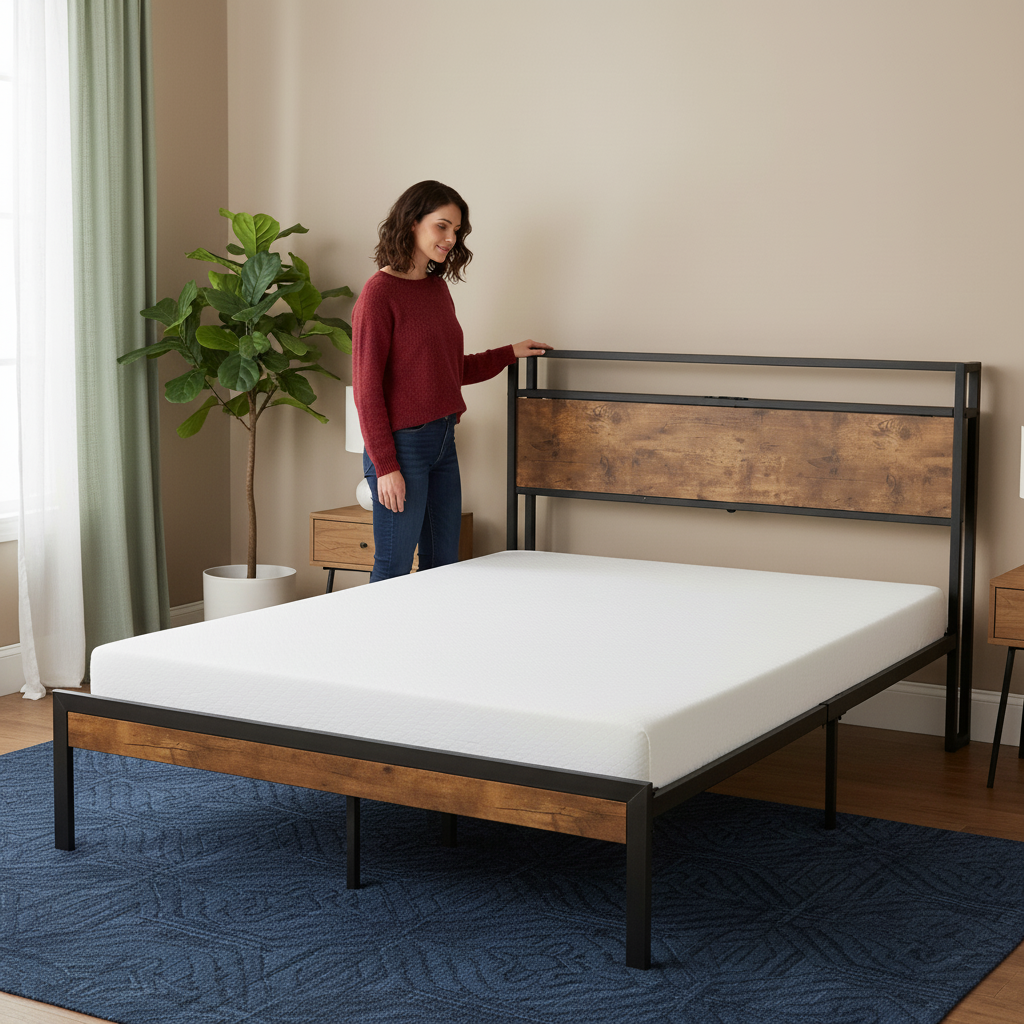 Queen Size Metal Platform Bed Frame with Wooden Headboard and Footboard with USB LINER, No Box Spring Needed, Large Under Bed Storage, Easy Assemble