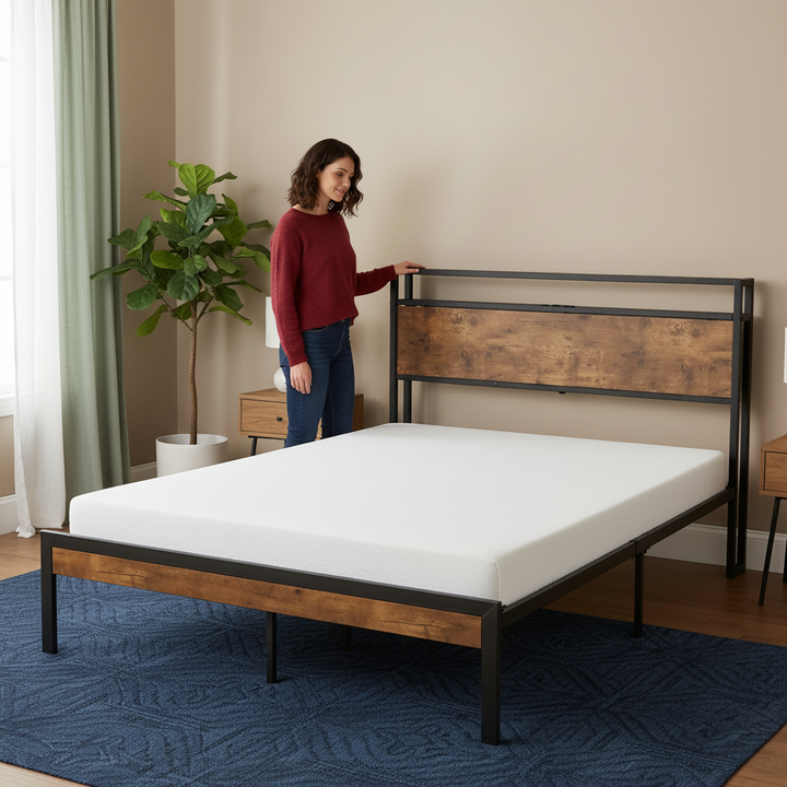 Queen Size Metal Platform Bed Frame with Wooden Headboard and Footboard with USB LINER, No Box Spring Needed, Large Under Bed Storage, Easy Assemble