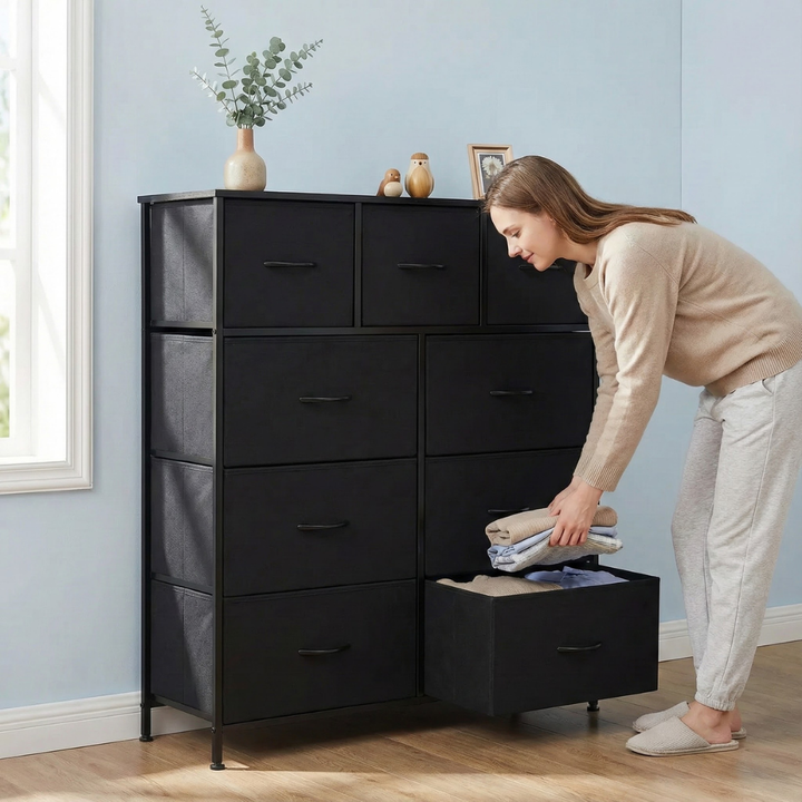 Tall 9-Drawer Fabric Dresser – Metal Frame, Wooden Top Organizer | Bedroom & Nursery Storage Tower | Trufairs