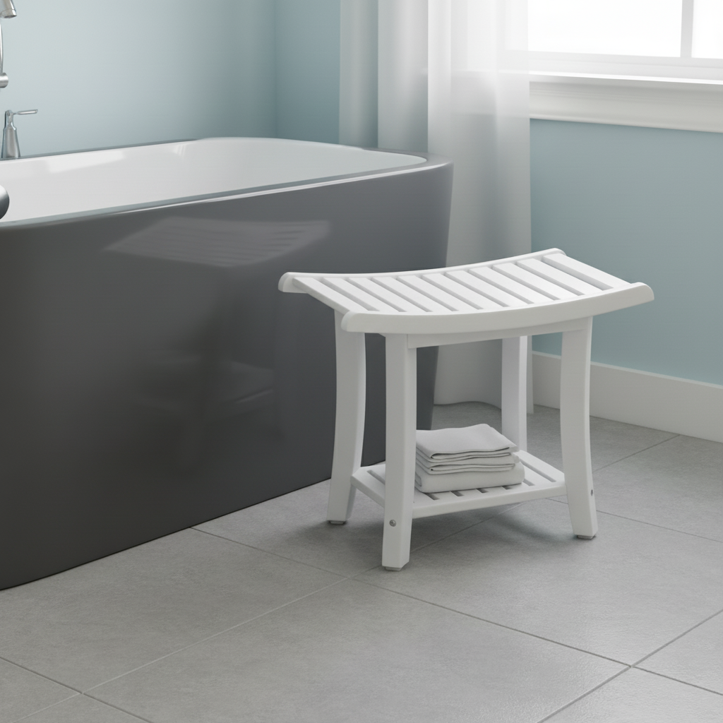 Heavy-Duty Waterproof Bath Stool – Curved Seat & 2-Tier Storage Shelf | Non-Slip Shower Bench | Trufairs