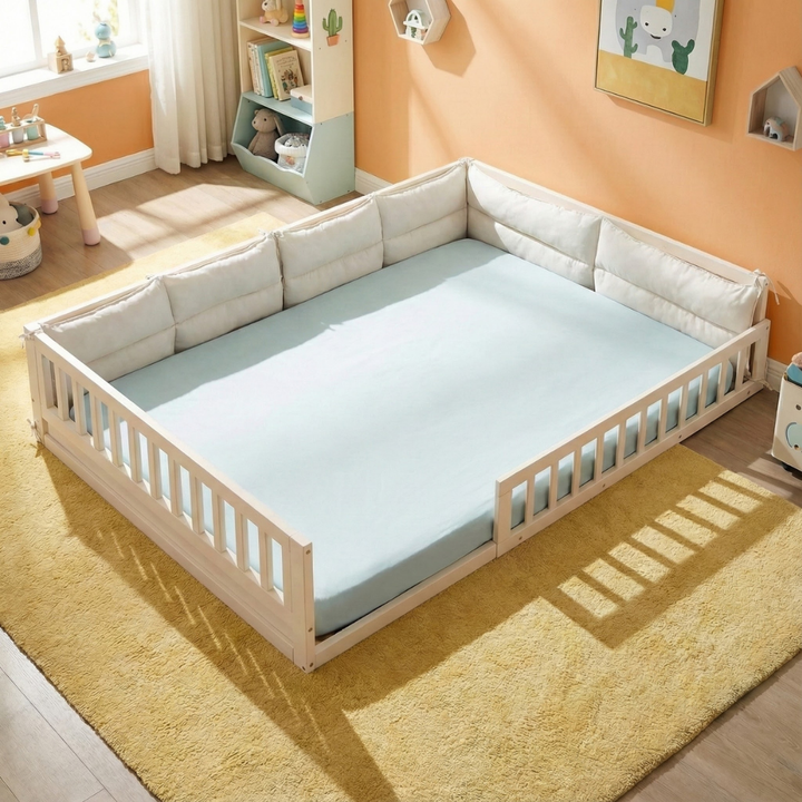 Full Size Upholstered Platform Bed with Guardrail and Pillow – Beige | Trufairs