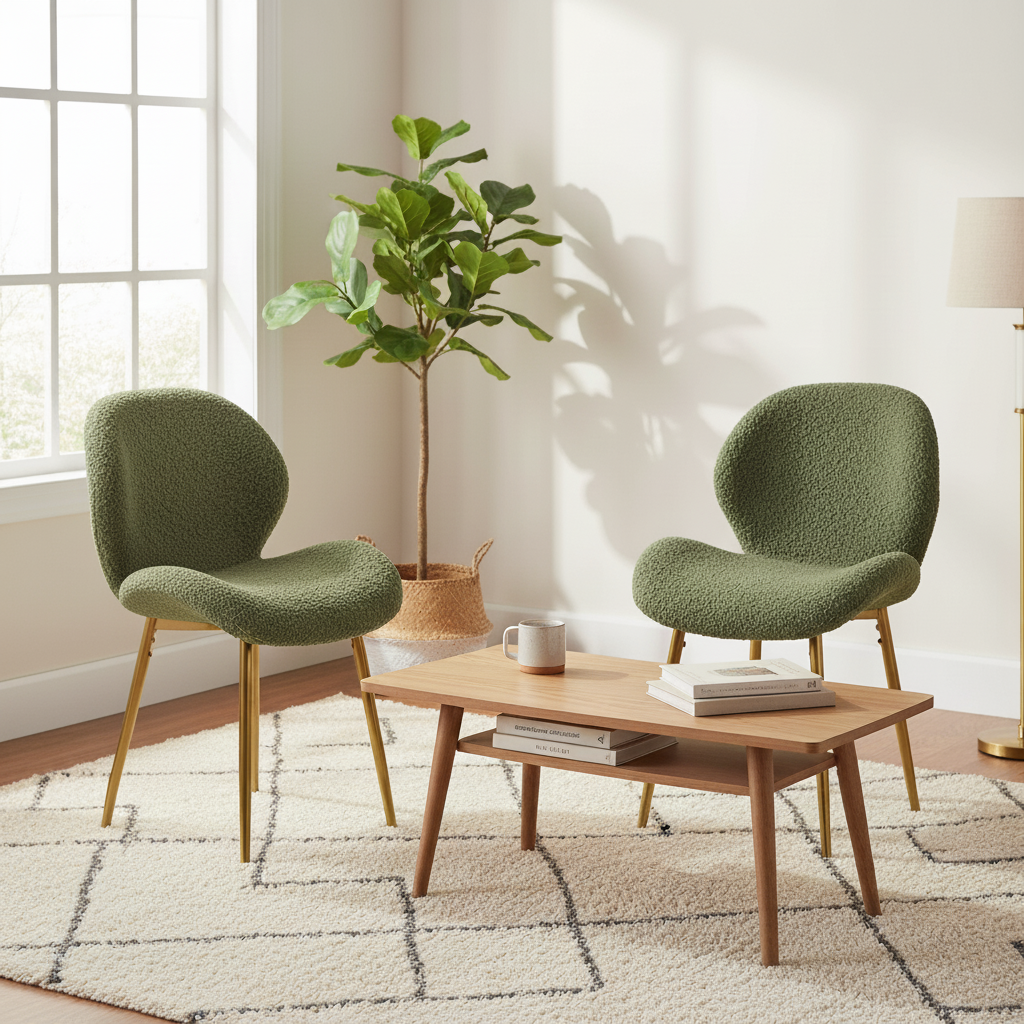 Modern Minimalist White Teddy Velvet Dining Chairs Set of 2 with Gold Metal Legs | Trufairs