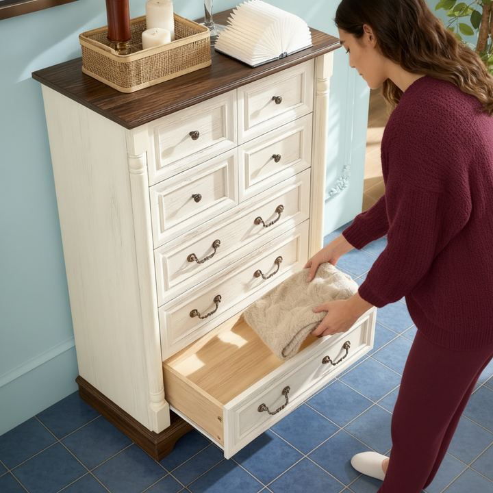 7 Drawer Dresser Chest for Bedroom with Wooden Base and Riser Trim, Wooden Rustic Rustic Chest of Drawers, Storage Dresser for Bedroom, Living Room