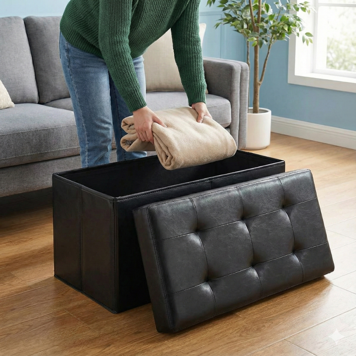 Collapsible Quilted Bench – Smart Storage Ottoman | Faux Leather | Trufairs