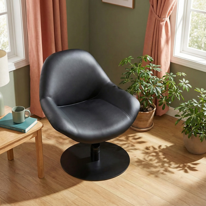 Modern Swivel Accent Chair – Black Polyurethane Upholstery & Steel Base | Living Room Seating | Trufairs