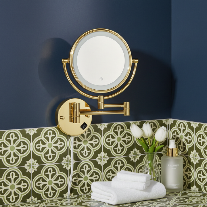 8 Inch LED Wall Mount Two-Sided Magnifying Makeup Vanity Mirror 12 Inch Extension Gold Finish 1X/3X Magnification Plug 360 Degree Rotation Waterproof Button Shaving Mirror