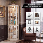 Feature diagram of the lighted corner curio cabinet with LED lighting adjustable glass shelves and mirrored back