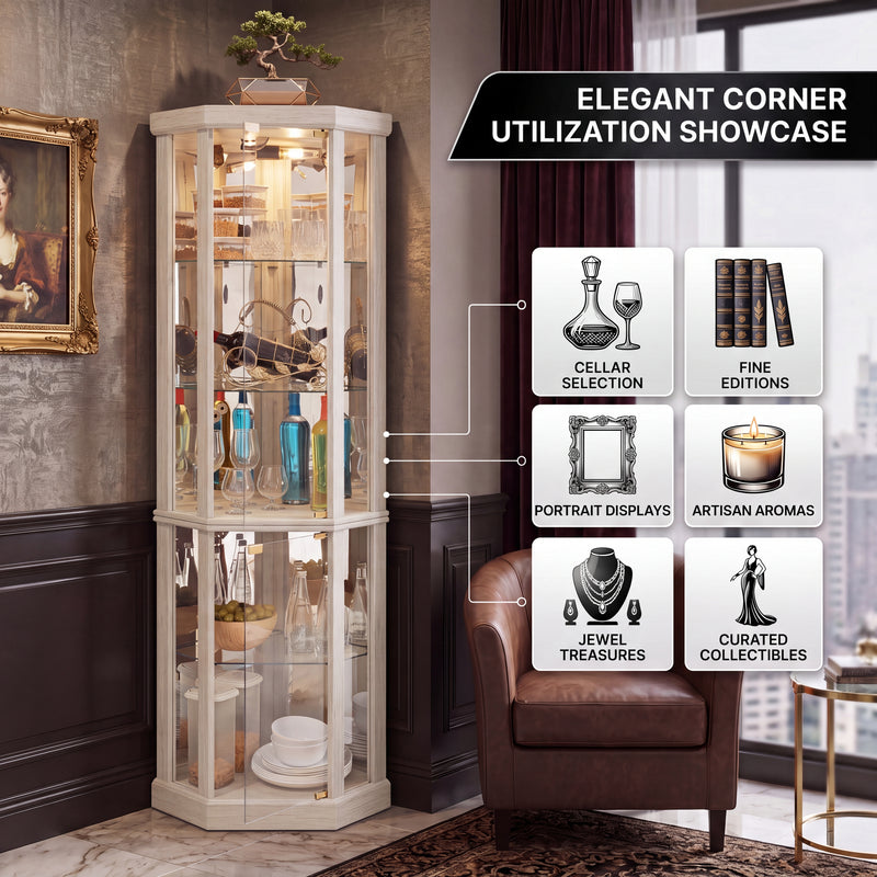 Feature diagram of the lighted corner curio cabinet with LED lighting adjustable glass shelves and mirrored back