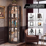 Feature diagram of the lighted corner curio cabinet with LED lighting adjustable glass shelves and mirrored back
