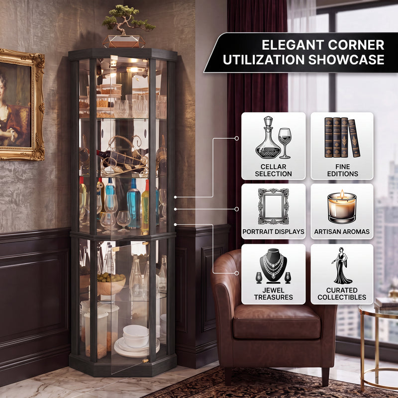 Feature diagram of the lighted corner curio cabinet with LED lighting adjustable glass shelves and mirrored back