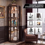 Feature diagram of the lighted corner curio cabinet with LED lighting adjustable glass shelves and mirrored back