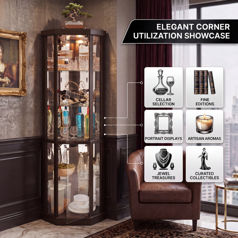 Feature diagram of the lighted corner curio cabinet with LED lighting adjustable glass shelves and mirrored back