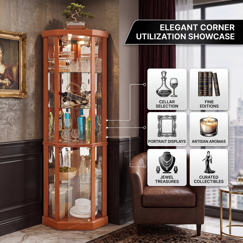 Feature diagram of the lighted corner curio cabinet with LED lighting adjustable glass shelves and mirrored back