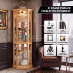 Feature diagram of the lighted corner curio cabinet with LED lighting adjustable glass shelves and mirrored back