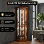 Feature diagram of the lighted corner curio cabinet with LED lighting adjustable glass shelves and mirrored back