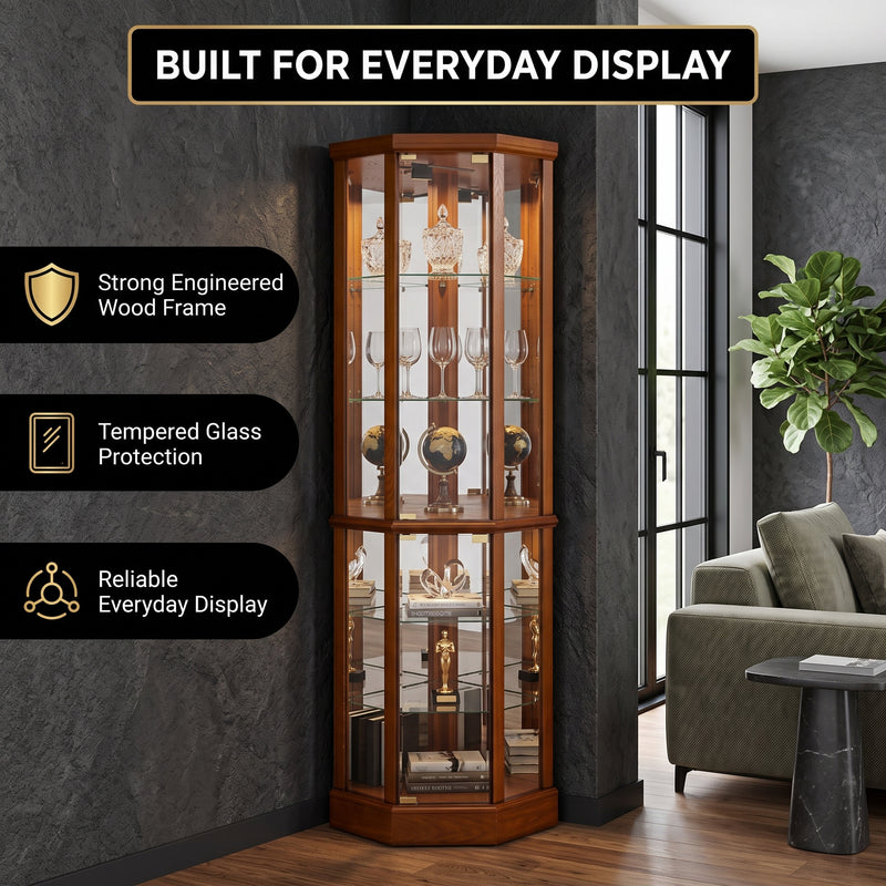 Feature diagram of the lighted corner curio cabinet with LED lighting adjustable glass shelves and mirrored back