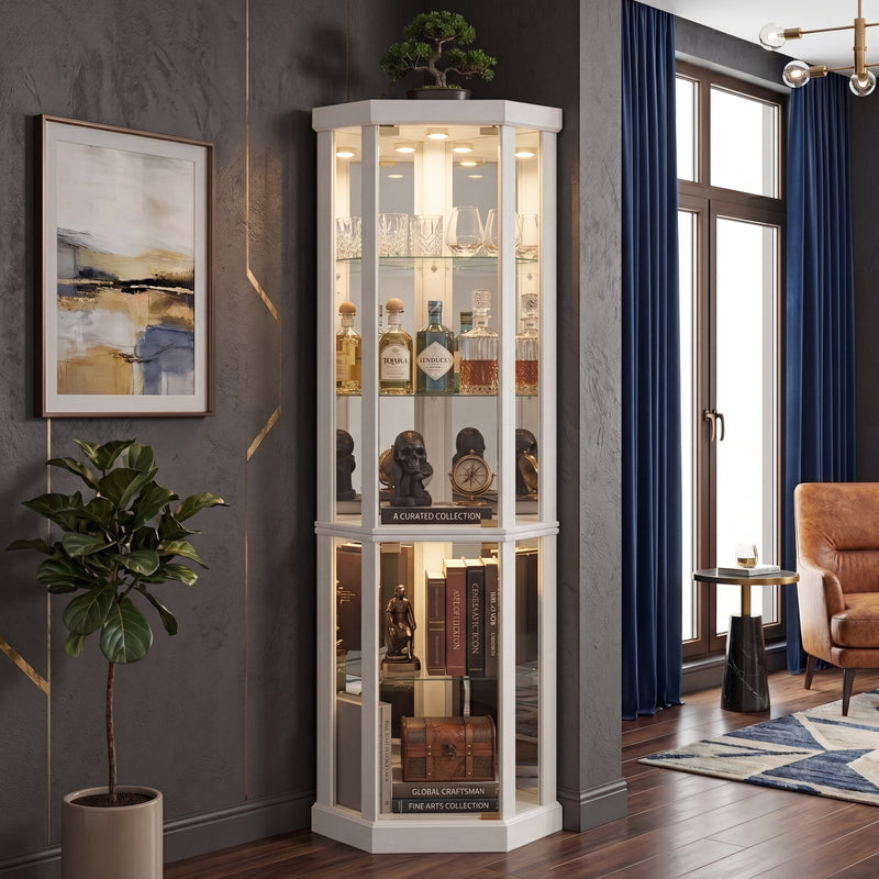 Oak lighted corner curio cabinet displaying crystal and glassware in a living-room corner