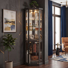 Oak lighted corner curio cabinet displaying crystal and glassware in a living-room corner