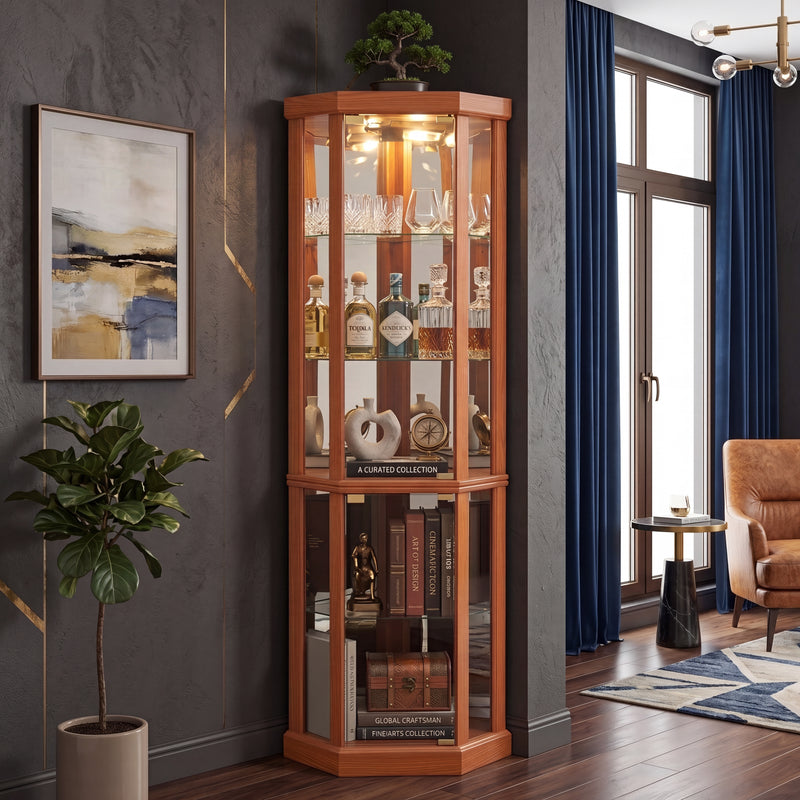 Oak lighted corner curio cabinet displaying crystal and glassware in a living-room corner