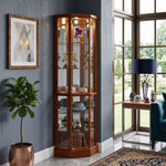 Oak lighted corner curio cabinet displaying crystal and glassware in a living-room corner