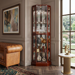 Oak lighted corner curio cabinet displaying crystal and glassware in a living-room corner