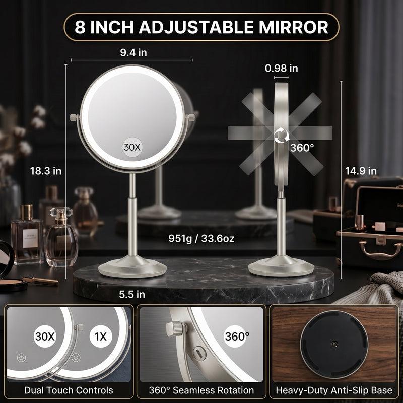 Woman applying makeup at a vanity using the lighted magnifying mirror