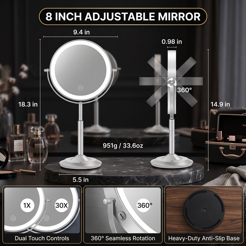 Woman applying makeup at a vanity using the lighted magnifying mirror