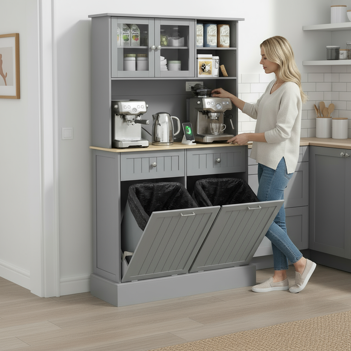 HOMCOM Kitchen Pantry Storage Cabinet with Charging Station, 2 Tilt Out Cabinets, Microwave Stand, Gray