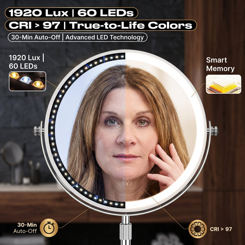 Comparison graphic of the mirror's 60 LEDs, 8.6-inch size, and adjustable height