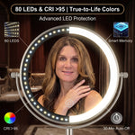 Comparison graphic of the mirror's 60 LEDs, 8.6-inch size, and adjustable height