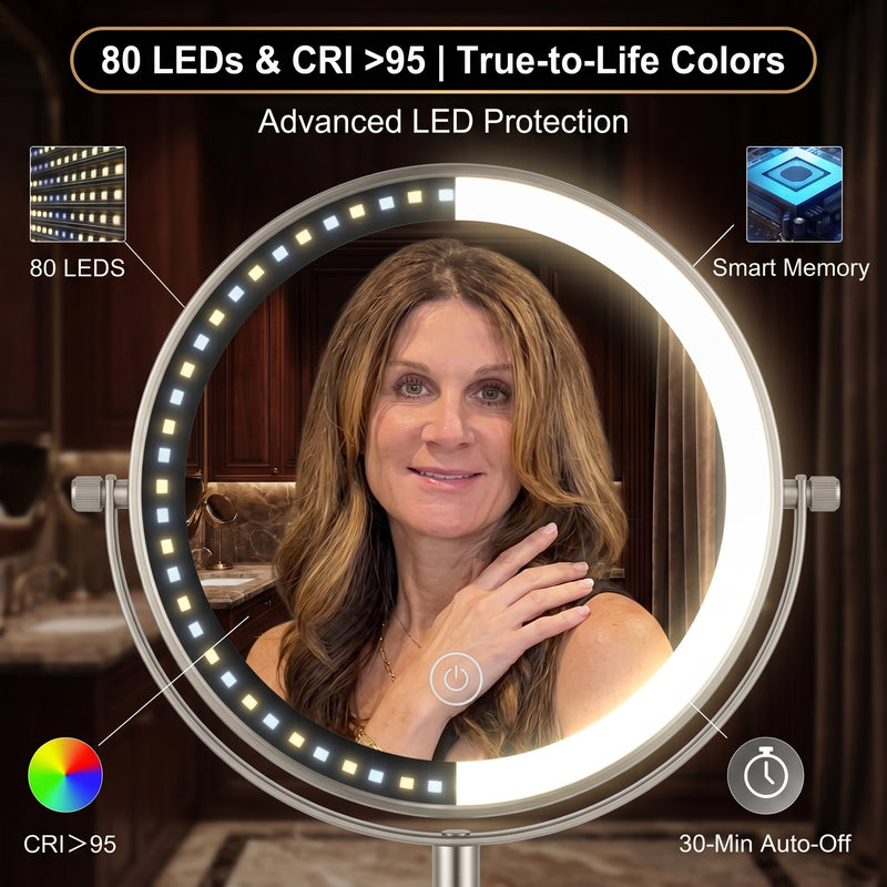 Comparison graphic of the mirror's 60 LEDs, 8.6-inch size, and adjustable height