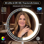 Comparison graphic of the mirror's 60 LEDs, 8.6-inch size, and adjustable height