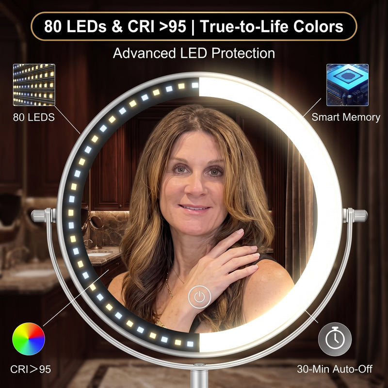Comparison graphic of the mirror's 60 LEDs, 8.6-inch size, and adjustable height