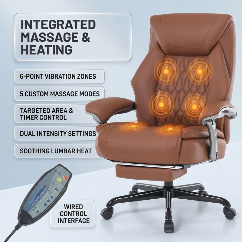 Massage office chair backrest and seat with six heated vibration nodes and a wired remote control