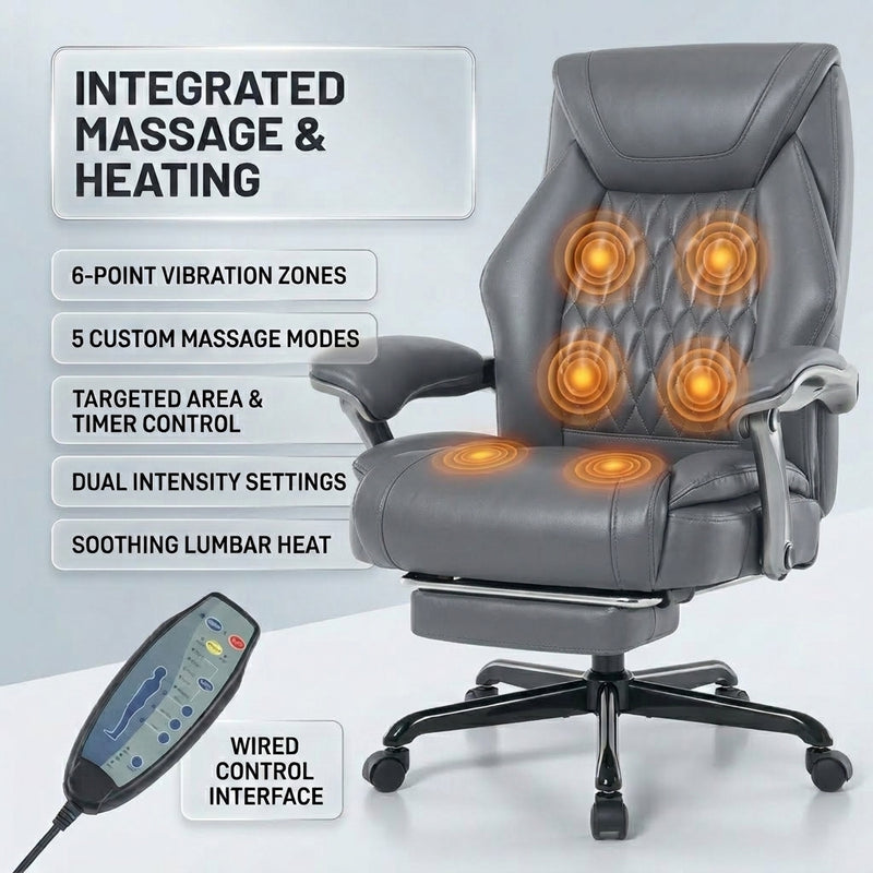 Massage office chair backrest and seat with six heated vibration nodes and a wired remote control