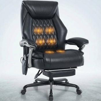 Black executive massage office chair with glowing heat and vibration nodes and extended footrest