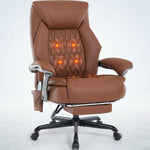Black executive massage office chair with glowing heat and vibration nodes and extended footrest
