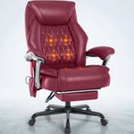 Black executive massage office chair with glowing heat and vibration nodes and extended footrest