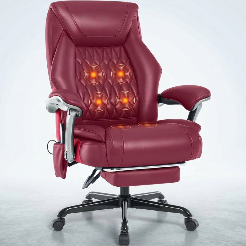 Black executive massage office chair with glowing heat and vibration nodes and extended footrest