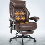 Black executive massage office chair with glowing heat and vibration nodes and extended footrest