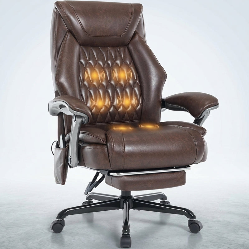 Black executive massage office chair with glowing heat and vibration nodes and extended footrest