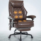 Black executive massage office chair with glowing heat and vibration nodes and extended footrest
