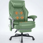 Black executive massage office chair with glowing heat and vibration nodes and extended footrest