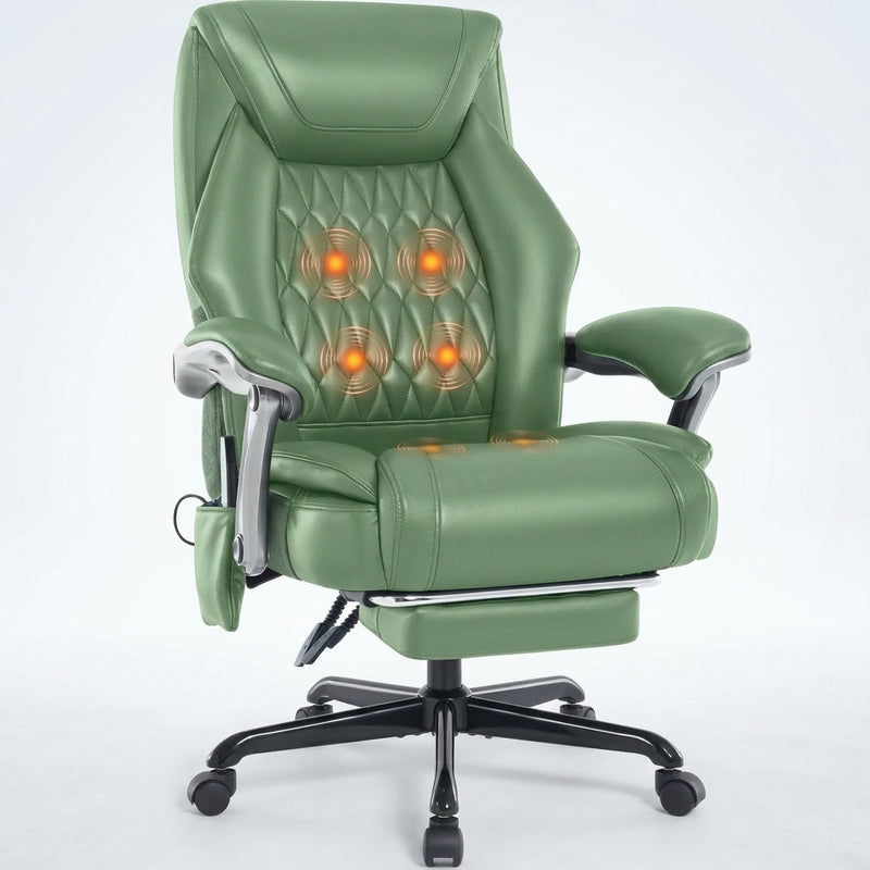 Black executive massage office chair with glowing heat and vibration nodes and extended footrest