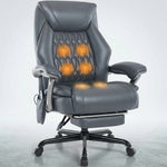 Black executive massage office chair with glowing heat and vibration nodes and extended footrest