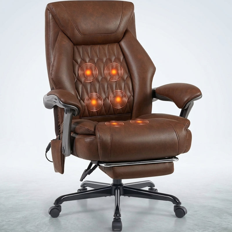 Black executive massage office chair with glowing heat and vibration nodes and extended footrest